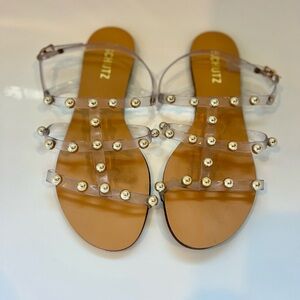 SCHUTZ Tan and Gold Sandals with Clear Straps